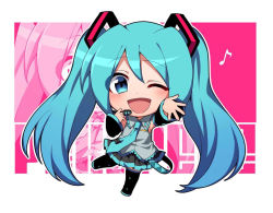 Rule 34 | 1girl, ;d, black footwear, black skirt, blue eyes, blue hair, blue necktie, boots, chibi, detached sleeves, eighth note, full body, grey shirt, hatsune miku, headset, kamenozoki momomo, long hair, looking at viewer, microphone, musical note, necktie, one eye closed, open mouth, outline, pleated skirt, shirt, skirt, sleeveless, smile, solo, standing, standing on one leg, thigh boots, thighhighs, twintails, very long hair, vocaloid, white outline, zoom layer
