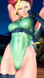 Rule 34 | 1girl, 3d, absurdres, antenna hair, arms up, bare shoulders, blonde hair, braid, breasts, cameltoe, cammy white, covered navel, curvy, gloves, green leotard, hat, highleg, highleg leotard, highres, leotard, lips, long hair, looking at viewer, medium breasts, red gloves, red hat, ryona, screencap, shiny clothes, smile, solo, street fighter, street fighter v, stretching, thighs, third-party edit, thong leotard, twin braids, very long hair, wide hips