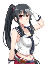 Rule 34 | 1girl, bare shoulders, black hair, blush, breasts, cleavage, collarbone, gloves, highres, kantai collection, large breasts, long hair, looking at viewer, navel, pleated skirt, ponytail, red eyes, salute, school uniform, serafuku, simple background, skirt, smile, solo, the-sinner, white background, white gloves, yahagi (kancolle)