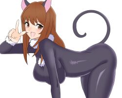 Rule 34 | 1girl, all fours, animal ears, bodysuit, breasts, brown eyes, brown hair, cat ears, catsuit, erica fontaine, hanging breasts, highres, large breasts, looking at viewer, open mouth, sakura taisen, sega, smile, solo, v