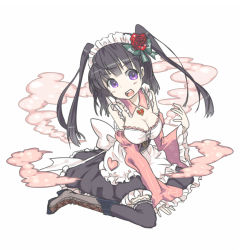 Rule 34 | 1girl, black hair, blush, boots, bow, breasts, character request, cleavage, detached collar, detached sleeves, dress, flower, frilled dress, frilled sleeves, frills, green bow, hair bow, head tilt, heart, kai-ri-sei million arthur, knee boots, long hair, looking at viewer, maid headdress, million arthur (series), open mouth, petals, purple eyes, rose, simple background, solo, thighhighs, twintails, usalxlusa, white background, wide sleeves, zettai ryouiki