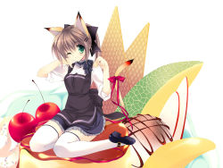 Rule 34 | 1girl, animal ears, apron, blush, bow, brown hair, cat ears, cat tail, cherry, dessert, food, fruit, green eyes, hair bow, hair ornament, hairclip, highres, in food, mini person, minigirl, neck ribbon, one eye closed, original, parfait, pudding, rei (artist), rei (rei&#039;s room), ribbon, sitting, solo, tail, tail ornament, tail ribbon, thighhighs, wink