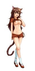 Rule 34 | 1girl, 2ch.ru, animal ears, bandaged leg, bandages, bow, braid, breasts, brown hair, cat ears, cat tail, clothes lift, crossed legs, full body, hair between eyes, hair ribbon, highres, huyase, lifted by self, long hair, looking at viewer, medium breasts, navel, nipples, no bra, open mouth, red shirt, red shorts, ribbon, shirt, shirt lift, short braid, short shorts, shorts, side braid, simple background, socks, solo, standing, tail, uvao-tan, white socks, yellow bow, yellow eyes, yellow ribbon