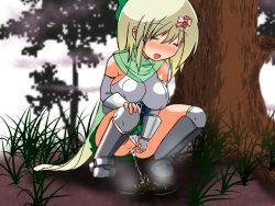 Rule 34 | 1girl, armor, armored boots, bare shoulders, belt, blonde hair, blue belt, blush, boots, breasts, breath, closed eyes, clothing aside, fingerless gloves, fog, gloves, grass, green scarf, green skirt, grey footwear, hair ornament, hair ribbon, hairclip, happy, kneehighs, large breasts, lint lucrows ~seitate no kishi~, long hair, mashimaru soft, night, open mouth, panties, panties aside, peeing, puddle, pussy, relief, ribbon, scarf, skirt, sleeveless, smile, socks, squatting, steam, tree, uncensored, underwear, white gloves, white panties, white socks, wristband