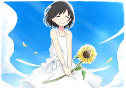Rule 34 | 1girl, :d, ^ ^, azchipi, bare shoulders, black hair, blue sky, blush, bob cut, bow, bracelet, closed eyes, collarbone, commentary, cowboy shot, day, dress, dress bow, facing viewer, floating hair, flower, grin, happy, highres, holding, holding flower, jewelry, light blush, open mouth, original, outdoors, petals, short hair, sky, sleeveless, sleeveless dress, smile, solo, standing, summer, sundress, sunflower, v arms, white bow, white dress, wind, yellow flower