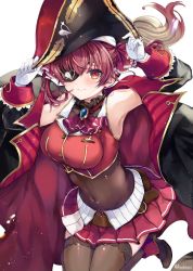 Rule 34 | 1girl, armpits, arms up, bare shoulders, belt, black coat, black hat, bodystocking, breasts, brooch, brown thighhighs, coat, covered navel, crop top, eyepatch, gloves, gold trim, hands on headwear, hat, highres, hololive, houshou marine, jewelry, large breasts, leotard, leotard under clothes, long hair, long sleeves, looking at viewer, miniskirt, neck ribbon, off shoulder, open clothes, open coat, pirate hat, pleated skirt, red eyes, red hair, red ribbon, red skirt, red vest, ribbon, see-through, see-through leotard, shoes, simple background, skirt, smile, solo, soraneko hino, thighhighs, twintails, vest, virtual youtuber, white background, white gloves, zettai ryouiki