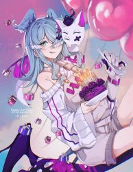 Rule 34 | 1girl, animal, animal on shoulder, bad id, bad twitter id, balloon, blue eyes, blue hair, cake, candle, character name, commentary, dated, dragon, elira pendora, elira pendora (1st costume), english commentary, fire, food, fork, gift, gloves, grey gloves, grey overalls, hair behind ear, hair over one eye, happy birthday, head wings, highres, holding, holding fork, holding plate, licking lips, long hair, looking at viewer, low wings, mei (adomanju), nijisanji, nijisanji en, off shoulder, one eye covered, overall shorts, overalls, pikl (elira pendora), plate, single glove, sitting, smile, solo, spiked bat, sweater, tongue, tongue out, virtual youtuber, white sweater, wings