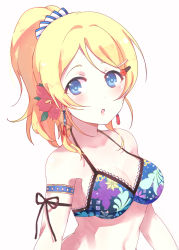 Rule 34 | 1girl, arm ribbon, armlet, ayase eli, bikini, bikini top only, black ribbon, blonde hair, blue bikini, blue eyes, breasts, cleavage, flower, hair flower, hair ornament, hair scrunchie, high ponytail, highres, looking at viewer, love live!, love live! school idol festival, love live! school idol project, medium breasts, midriff, open mouth, red flower, ribbon, scrunchie, sideboob, simple background, solo, stomach, striped clothes, striped scrunchie, swimsuit, upper body, white background, yuemoe