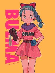 Rule 34 | 1girl, belt, blue eyes, blue hair, blush, bow, braid, braided ponytail, breasts, bulma, character name, dragon ball, dragon ball (classic), dragon radar, dress, expressionless, fanny pack, gloves, hair bow, hand on own hip, hand up, highres, holding, legs together, long hair, looking to the side, menma (enaic31), nose blush, orange background, petite, pink dress, purple scarf, red bow, scarf, short sleeves, simple background, small breasts, solo, twitter username