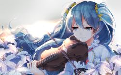 Rule 34 | 1girl, blue hair, flower, hatsune miku, highres, instrument, kanoa (kanoa0401), left-handed, long hair, music, playing instrument, solo, very long hair, violin, vocaloid