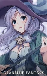 Rule 34 | 10s, 1girl, aqua eyes, blue eyes, blush, circlet, copyright name, dress, fur trim, granblue fantasy, green dress, hat, lennah, lennah (granblue fantasy), light purple hair, long hair, long sleeves, looking away, looking to the side, open mouth, parted lips, sketch, solo, staff, upper body, wide sleeves, witch hat, wizard hat, yashiro seika