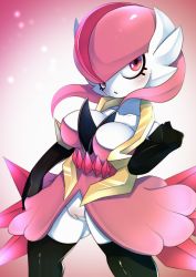 Rule 34 | 1girl, absurdres, ashraely, bad id, bad pixiv id, bare shoulders, black gloves, black thighhighs, blush, breasts, cleft of venus, collarbone, colored skin, commission, creatures (company), crystal, diancie, dress, elbow gloves, female focus, fusion, game freak, gardevoir, gen 3 pokemon, gen 6 pokemon, gloves, gluteal fold, gradient background, hand up, highres, large breasts, legendary pokemon, legs apart, looking to the side, matching hair/eyes, medium hair, multicolored hair, mythical pokemon, nintendo, no panties, open mouth, pink background, pink dress, pink eyes, pink hair, pokemon, pokemon (creature), pussy, shiny clothes, simple background, solo, standing, thighhighs, two-tone hair, uncensored, white skin