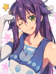 Rule 34 | 1girl, asymmetrical bangs, bare shoulders, blue shirt, chiharu (9654784), closed mouth, collarbone, commentary request, elbow gloves, gloves, green eyes, hair between eyes, hair ornament, highres, long hair, original, purple hair, shirt, sleeveless, sleeveless shirt, smile, solo, star (symbol), starry background, tongue, tongue out, two-tone shirt, upper body, very long hair, white background, white gloves