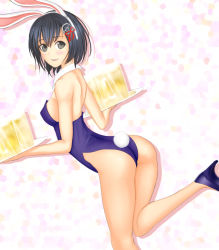 Rule 34 | 10s, 1girl, alcohol, animal ears, ass, beer, black eyes, black hair, fake animal ears, haguro (kancolle), hair ornament, high heels, kantai collection, leotard, looking at viewer, mirai (sax), open mouth, playboy bunny, rabbit ears, rabbit tail, short hair, solo, tail
