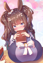 Rule 34 | 1girl, :o, alternate breast size, animal ears, blouse, blue sailor collar, blue shirt, blunt bangs, blush, book, bow, bowtie, breast focus, breast rest, breasts, brown hair, ear ornament, facing viewer, hair ornament, hair ribbon, highres, hikotou (sao73cat), holding, holding book, horse ears, horse girl, huge breasts, long hair, long sleeves, looking at viewer, paper, parted lips, pencil, purple eyes, ribbon, sailor collar, school uniform, serafuku, shirt, shortstack, solo, sparkle, sparkle background, tracen school uniform, twintails, umamusume, upper body, white bow, white sleeves, zenno rob roy (umamusume)