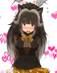Rule 34 | 10s, 1girl, animal ears, bad id, bad pixiv id, black hair, blush, bow, bowtie, brown eyes, cow ears, fur trim, grey hair, heart, highres, horns, kemono friends, long hair, multicolored hair, muskox (kemono friends), open mouth, simple background, takapon, two-tone hair, upper body, white background