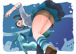 Rule 34 | 1girl, ass, black hair, blue sweater, breasts, candice (pokemon), clothes around waist, creatures (company), game freak, gen 4 pokemon, glaceon, highres, iyoda mato, large breasts, legs, long hair, miniskirt, multi-tied hair, nintendo, pokemon, pokemon (creature), pokemon dppt, shirt, shoes, skirt, socks, striped legwear, sweater, sweater around waist, thighs, white shirt