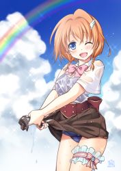 Rule 34 | 1girl, blue eyes, blush, breasts, cloud, day, hair ornament, hairclip, kamome narumi, looking at viewer, mori marimo, one eye closed, open mouth, orange hair, rainbow, school swimsuit, see-through, shironeko project, short hair, smile, solo, swimsuit, swimsuit under clothes, wet, wet clothes