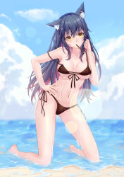 Rule 34 | 1girl, absurdres, animal ear fluff, animal ears, arknights, bare arms, bare legs, bare shoulders, barefoot, bikini, black bikini, black hair, blue sky, breasts, cloud, commentary request, day, food, food in mouth, front-tie bikini top, front-tie top, hair between eyes, hand on own hip, hand up, highres, kneeling, lens flare, long hair, looking at viewer, medium breasts, mouth hold, navel, outdoors, pocky, side-tie bikini bottom, sky, solo, stomach, strap slip, swimsuit, texas (arknights), thighs, very long hair, water, wet, wolf ears, yellow eyes, yiqian esen