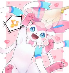 Rule 34 | blue eyes, blush, cat teaser, commentary request, creatures (company), fang, game freak, gen 6 pokemon, heart, highres, ka ei volltis, musical note, nintendo, no humans, open mouth, outline, pokemon, pokemon (creature), skin fang, smile, solo, spoken musical note, sylveon, toes, tongue