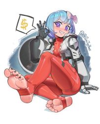 Rule 34 | 1girl, black gloves, black nails, blue hair, bodysuit, bow, commentary, commission, cropped jacket, dollar sign, english commentary, gloves, gradient hair, grey jacket, grin, hair bow, highres, jacket, long sleeves, looking at viewer, money gesture, multicolored hair, nail polish, no shoes, open clothes, open jacket, original, puffy long sleeves, puffy sleeves, purple eyes, purple hair, red bodysuit, short hair, sin (sintrybest), smile, soles, solo, spoken dollar sign, star-shaped pupils, star (symbol), stirrup legwear, symbol-shaped pupils, toeless legwear, toenail polish, toenails, twitter username, white background