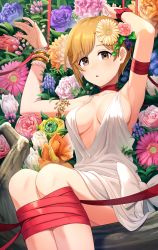 Rule 34 | 1girl, :o, aiba yumi, armpits, blush, breasts, brown eyes, brown hair, commentary request, dress, flower, hair flower, hair ornament, hands up, highres, idolmaster, idolmaster cinderella girls, kurageso, looking at viewer, medium breasts, red ribbon, restrained, ribbon, short hair, sitting, solo, white dress, wrist cuffs