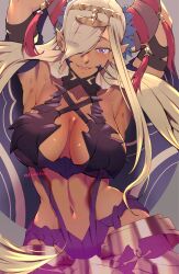 Rule 34 | 1girl, abs, armpits, arms behind head, arms up, asymmetrical horns, blonde hair, blush, breasts, cleavage, cleavage cutout, clothing cutout, dark-skinned female, dark skin, dragon girl, fangs, fire emblem, fire emblem engage, grey horns, highres, horns, jewelry, koda1ra, large breasts, long hair, monster girl, navel, nintendo, pointy ears, purple eyes, revealing clothes, signature, solo, tagme, uneven horns, wide hips, zephia (fire emblem)