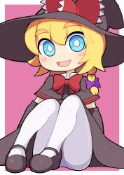Rule 34 | 1girl, :d, black capelet, black footwear, black gloves, black hat, black skirt, blonde hair, blue eyes, blush stickers, border, bow, bowtie, braid, capelet, chibi, commentary request, cookie (touhou), elbow gloves, gloves, hair bow, happy, hat, hat bow, hospital king, kirisame marisa, knees up, looking at viewer, mary janes, medium hair, meguru (cookie), open mouth, pantyhose, pink background, purple bow, red bow, red bowtie, shoes, single braid, sitting, skirt, smile, solo, thick eyebrows, touhou, white border, white pantyhose, witch hat