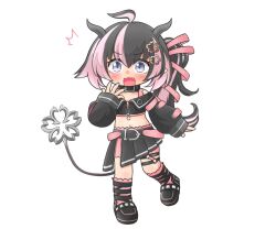 Rule 34 | 1girl, ^^^, ahoge, belt, belt collar, black belt, black footwear, black hair, black jacket, black skirt, bloomers, blue eyes, blush, bra, collar, commentary, cropped jacket, demon girl, demon horns, demon tail, fang, flat chest, flower, full body, grey horns, hair between eyes, hair flower, hair ornament, hair ribbon, hand up, horns, jacket, kica28v, long hair, long sleeves, looking at viewer, medium bangs, midriff, multicolored hair, nanashi inc., navel, o-ring, o-ring thigh strap, off shoulder, oinomori may, oinomori may (1st costume), one side up, open mouth, pink bloomers, pink bra, pink hair, pink ribbon, pink socks, pleated skirt, pointy ears, ribbon, shoes, simple background, skirt, socks, solo, standing, studded footwear, tail, thigh strap, two-tone hair, underwear, v-shaped eyebrows, virtual youtuber, white background