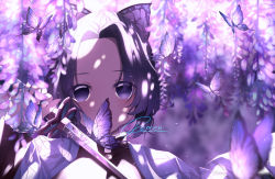 Rule 34 | 1girl, blurry, bug, butterfly, butterfly hair ornament, covered mouth, dappled sunlight, depth of field, empty eyes, flower, hair ornament, haori, highres, holding, holding sword, holding weapon, insect, japanese clothes, katana, kimetsu no yaiba, kochou shinobu, long sleeves, looking at viewer, parted bangs, portrait, purple butterfly, purple eyes, purple flower, purple hair, purple theme, reflection, signature, solo, sunlight, sword, user crvv2428, weapon, wisteria