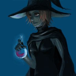 Rule 34 | 1girl, bad id, bad pixiv id, cape, colored skin, flask, green skin, hat, lowres, orange hair, potion, round-bottom flask, saka miya, short hair, solo, witch, witch hat