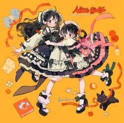 Rule 34 | 2girls, ahoge, ambiguous red liquid, animal print, ankle cuffs, apple, apron, arms around waist, ball, beachball, belt buckle, black bow, black bowtie, black cat, black dress, black eyes, black footwear, black hair, black ribbon, blue bow, blush stickers, bonnet, book, bow, bow legwear, bowtie, buckle, cake, cake slice, cat, cheese, closed mouth, commentary, commission, cross-laced clothes, cross-laced dress, cross-laced footwear, diamond print, dress, dress bow, english commentary, english text, eyelashes, floral print, flower, food, footwear bow, frilled dress, frilled shirt collar, frilled socks, frills, frown, fruit, full body, green bow, hair bobbles, hair ornament, hair rings, hat, hat ribbon, high heels, highres, hug, lace, lace-trimmed dress, lace trim, leg up, lolita fashion, long hair, long sleeves, looking at viewer, mary janes, multiple girls, original, pink dress, pom pom (clothes), puffy long sleeves, puffy short sleeves, puffy sleeves, putong xiao gou, rabbit print, red bow, red flower, red ribbon, ribbon, ribbon-trimmed dress, shirt, shoes, short dress, short hair, short sleeves, sleeve bow, sleeveless, sleeveless dress, socks, straight hair, strawberry, striped, striped ribbon, turtleneck, waist apron, white apron, white headwear, white shirt, white sleeves, white socks, yellow background