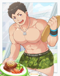 Rule 34 | 1boy, abs, aopanda, bara, blush, bulge, cup, food, green male underwear, highres, holding, holding plate, idolmaster, idolmaster side-m, jewelry, large pectorals, male focus, male underwear, muscular, muscular male, navel, necklace, nipples, open mouth, pectorals, plate, purple eyes, shingen seiji, smile, solo, underwear, wristband
