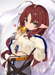 Rule 34 | 1girl, ahoge, apple, arknights, commentary request, dwarf, earrings, flag, food, fruit, golden apple, green eyes, heart, highres, holding, holding flag, id card, jewelry, long hair, looking at viewer, myrtle (arknights), navel, pointy ears, red hair, sleeves past fingers, sleeves past wrists, smile, solo, tank top, unnyori, white flag, white tank top