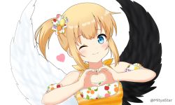 Rule 34 | 1girl, ;), asymmetrical wings, bare shoulders, black wings, blonde hair, blue eyes, blush, commentary request, detached sleeves, feathered wings, food print, heart, heart hands, looking at viewer, marl (shironeko project), mismatched wings, mitya, one eye closed, print sleeves, puffy short sleeves, puffy sleeves, shironeko project, short sleeves, side ponytail, sidelocks, simple background, sleeveless, smile, solo, twitter username, upper body, white background, white sleeves, white wings, wings