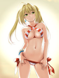 Rule 34 | 1girl, ahoge, bare arms, bare shoulders, bikini, blonde hair, breasts, cleavage, collarbone, commentary request, cowboy shot, criss-cross halter, earrings, fate/grand order, fate (series), fingernails, green eyes, hair between eyes, hair intakes, halterneck, highres, jewelry, leaning to the side, long hair, medium breasts, navel, nero claudius (fate), nero claudius (fate) (all), nero claudius (swimsuit caster) (fate), nonaka ritsu, sidelocks, solo, standing, striped bikini, striped clothes, swimsuit, twintails