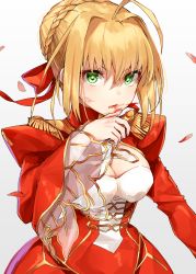 Rule 34 | 10s, 1girl, black cola, blonde hair, blood, blood from mouth, blood on face, blush, braid, breasts, cleavage, commentary request, dress, epaulettes, fate/extra, fate (series), fingernails, gradient background, green eyes, grey background, hair between eyes, hair bun, hair intakes, heart, heart-shaped pupils, highres, juliet sleeves, long sleeves, medium breasts, nero claudius (fate), nero claudius (fate) (all), nero claudius (fate/extra), petals, puffy sleeves, red dress, see-through, single hair bun, solo, symbol-shaped pupils, white background