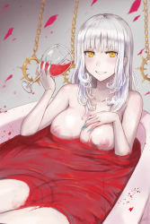 Rule 34 | 1girl, bad id, bad pixiv id, bathing, bathtub, blood, blood splatter, blue nails, blush, breasts, carmilla (fate), collarbone, commentary request, cup, curly hair, drinking glass, enporion, fate/grand order, fate (series), fingernails, highres, holding, holding cup, large breasts, light blush, long fingernails, looking at viewer, medium hair, nail polish, nipples, nude, partially submerged, sharp fingernails, silver hair, smile, solo, wine glass, yellow eyes