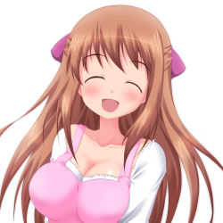 Rule 34 | 1girl, :d, ^ ^, breasts, brown hair, cleavage, collarbone, closed eyes, hanamaru youchien, large breasts, long hair, open mouth, smile, solo, white background, yamamoto nanako, yukimura1130