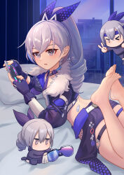 Rule 34 | 3girls, absurdres, bandaid, barefoot, bed sheet, breasts, cellphone, chibi, cropped jacket, crossed bangs, drill hair, feet, feet up, from side, grey eyes, grey hair, hair between eyes, hands up, high ponytail, highres, holding, honkai: star rail, honkai (series), indoors, legs, long sleeves, looking at viewer, looking to the side, lying, micro shorts, multiple girls, on stomach, phone, pillow, ponytail, shorts, sidelocks, silver wolf (honkai: star rail), small breasts, smartphone, the pose, thighs, toenails, toes, v, window, wujingwushi