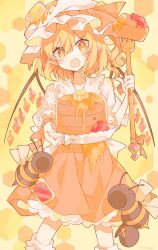 Rule 34 | 1girl, absurdres, alternate color, alternate costume, alternate eye color, bee, blonde hair, blush, bow, bug, flandre scarlet, food, fork, frills, hat, hat bow, highres, holding, holding fork, honey, honeycomb (pattern), honeycomb background, honeypot, insect, looking at viewer, mob cap, open mouth, orange eyes, pancake, pancake stack, plate, ribbon, socks, solo, standing, touhou, umemaro (siona0908), white socks, wings, wrist ribbon