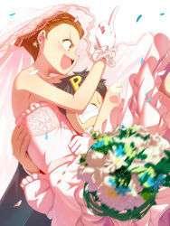 Rule 34 | 1boy, 1girl, arm around neck, bare shoulders, black hair, blurry, blush, bouquet, brown eyes, brown hair, carrying, confetti, depth of field, dress, earrings, flower, gloves, hair up, halo0001, idolmaster, idolmaster (classic), jewelry, middle finger, minase iori, necklace, open mouth, pettan p, pink dress, pink gloves, producer (idolmaster), strapless, strapless dress, tears, veil, wedding dress