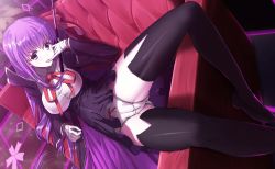 Rule 34 | 10s, 1girl, bb (fate), bb (fate/extra), black thighhighs, blush, breasts, fate/extra, fate/extra ccc, fate (series), gloves, highres, large breasts, long hair, looking at viewer, panties, purple eyes, purple hair, saiki rider, solo, thighhighs, tongue, tongue out, underwear, very long hair, white gloves, white panties