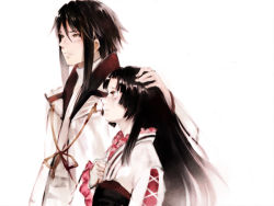 Rule 34 | 00s, 1boy, 1girl, azai nagamasa (sengoku basara), bad id, bad pixiv id, black hair, comforting, couple, frown, fukahire (ruinon), hair between eyes, hand on another&#039;s head, japanese clothes, kimono, long hair, oichi (sengoku basara), parted bangs, sengoku basara, short hair with long locks, side-by-side, simple background, white background