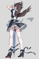 Rule 34 | 1boy, ahoge, apron, bishounen, bow, brown hair, brown wings, colored shoe soles, commentary, commentary request, crossdressing, dress, expressionless, feathered wings, floating clothes, frilled dress, frills, from behind, full body, garter belt, granblue fantasy, grey background, hair between eyes, high heels, highres, holding, holding sword, holding weapon, light frown, looking at viewer, maid, maid apron, male focus, panties, pantyshot, red eyes, sandalphon (granblue fantasy), see-through, see-through legwear, short hair, sword, tekki (tki), thighhighs, thong, underwear, weapon, white thighhighs, wings, wrist cuffs