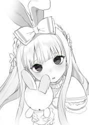 Rule 34 | 1girl, animal ears, blunt bangs, blush, bow, cropped torso, dress, greyscale, hair bow, hairband, highres, holding, holding stuffed toy, long hair, looking at viewer, mameojitan, monochrome, original, parted lips, rabbit ears, simple background, sketch, solo, stuffed animal, stuffed rabbit, stuffed toy, upper body, white background