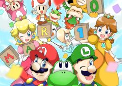 Rule 34 | 1other, 4boys, 4girls, block (object), blonde hair, blue dress, blue eyes, bowser, bowser jr., brothers, brown hair, claws, crown, dinosaur, dress, facial hair, friends, gloves, grin, hair over one eye, hat, horns, junior clown car, long hair, looking at viewer, luigi, mario, mario (series), mario day, multiple boys, multiple girls, mustache, nintendo, open mouth, orange dress, overalls, pink dress, princess daisy, princess peach, puffy short sleeves, puffy sleeves, rosalina, short sleeves, siblings, smile, spikes, toad (mario), toadette, tomboy, upside-down, wand, yoshi