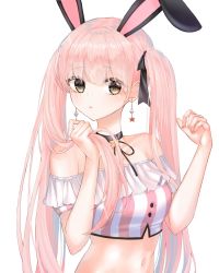 Rule 34 | 1girl, animal ears, bare shoulders, black choker, black ribbon, breasts, buttons, choker, closed mouth, collarbone, crop top, earrings, expressionless, grey eyes, hair ribbon, hands up, highres, jewelry, long hair, looking at viewer, medium breasts, midriff, navel, off-shoulder shirt, off shoulder, original, pink hair, pink shirt, rabbit ears, rabbit girl, ribbon, shirt, short sleeves, simple background, solo, star (symbol), stomach, striped clothes, striped shirt, twintails, ueng, upper body, white background