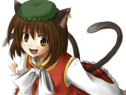 Rule 34 | 1girl, animal ears, brown eyes, brown hair, cat ears, cat girl, cat tail, chen, earrings, fang, female focus, hat, jewelry, mio (artist), mio (rominuato), multiple tails, short hair, solo, tail, touhou