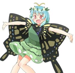 Rule 34 | 1girl, antennae, aqua hair, arnest, blush, butterfly wings, dress, eternity larva, fairy, feet out of frame, green dress, hair between eyes, insect wings, leaf, leaf on head, multicolored clothes, multicolored dress, open mouth, outstretched arms, red eyes, short hair, short sleeves, simple background, single strap, smile, solo, spread arms, touhou, white background, wings
